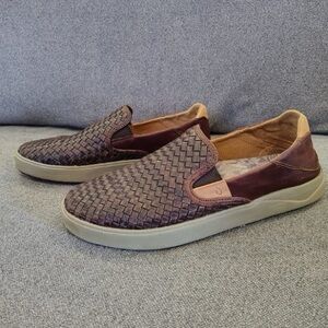 Olukai Lae'ahi Lauhala Leather Slip On Shoes Mens 10.5 Dark Brown Woven Leather